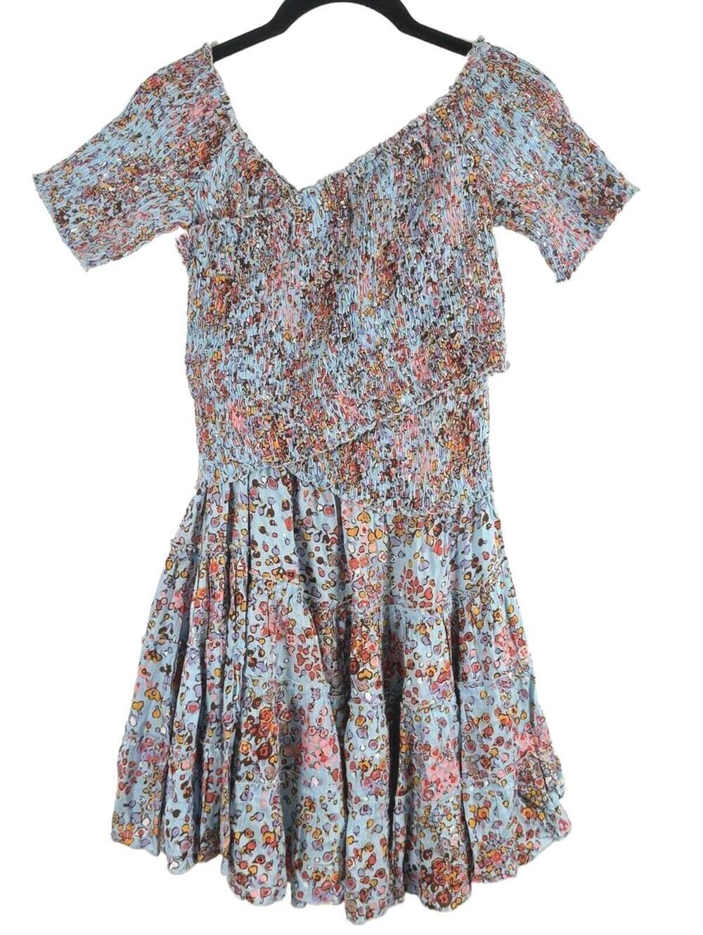 Poupette St Barth‎ Soledad Floral Smocked Mini Dress Sky Blue Murrina Size Small